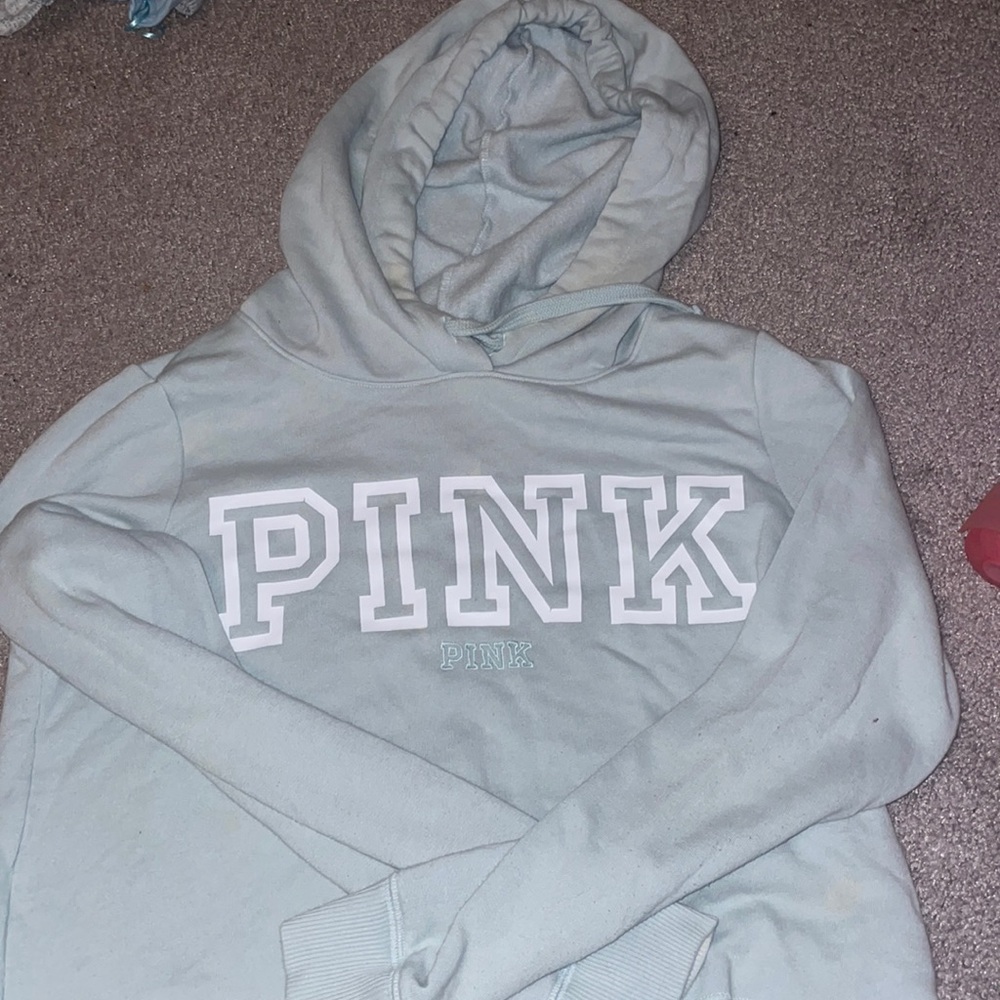 “PINK” cropped sweatshirt. Blueish green pastel color